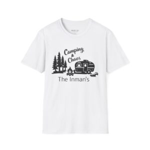 Camping & Chaos Camper T-Shirt — Retro RV, Campfire & Pine Trees Tee