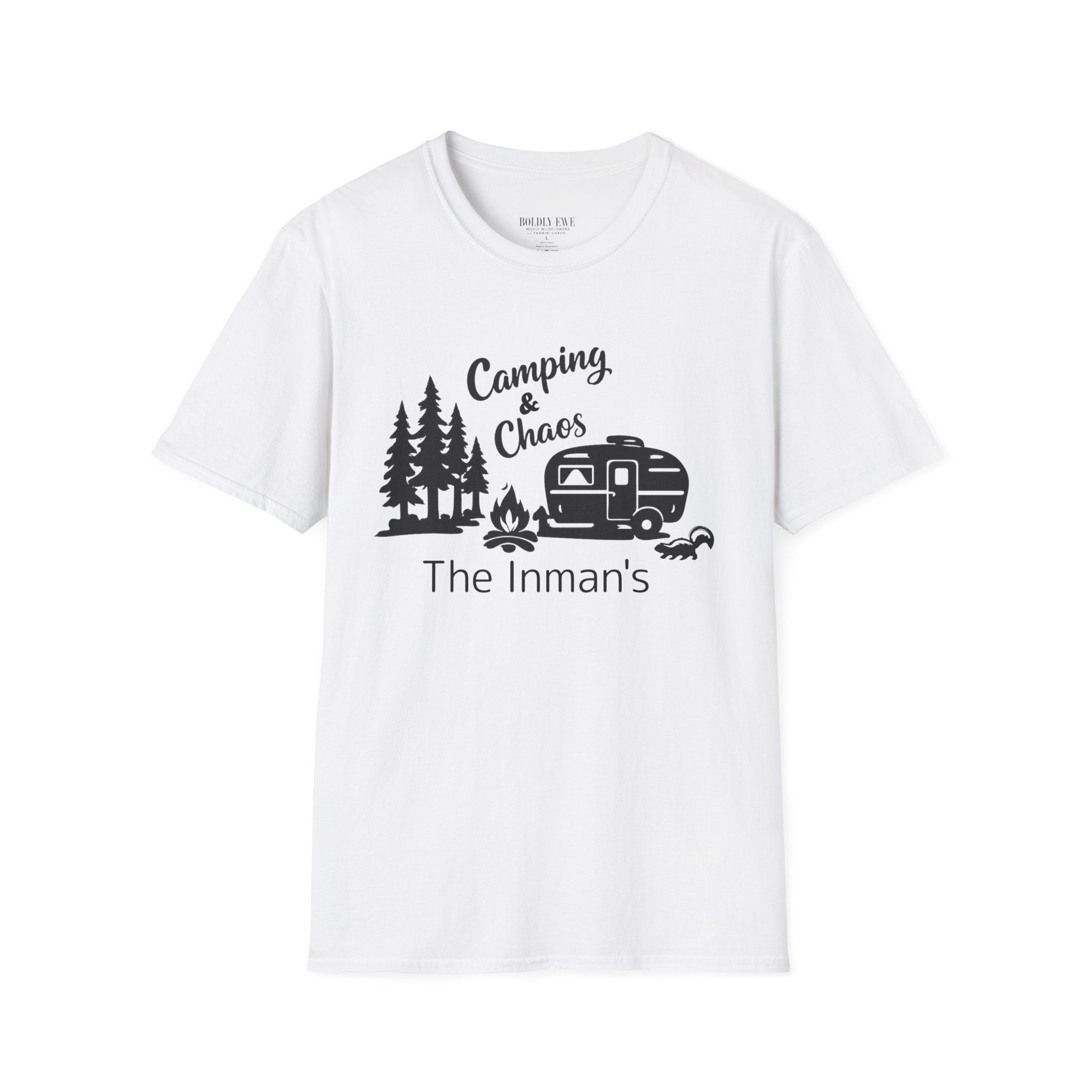 Camping & Chaos Camper T-Shirt — Retro RV, Campfire & Pine Trees Tee