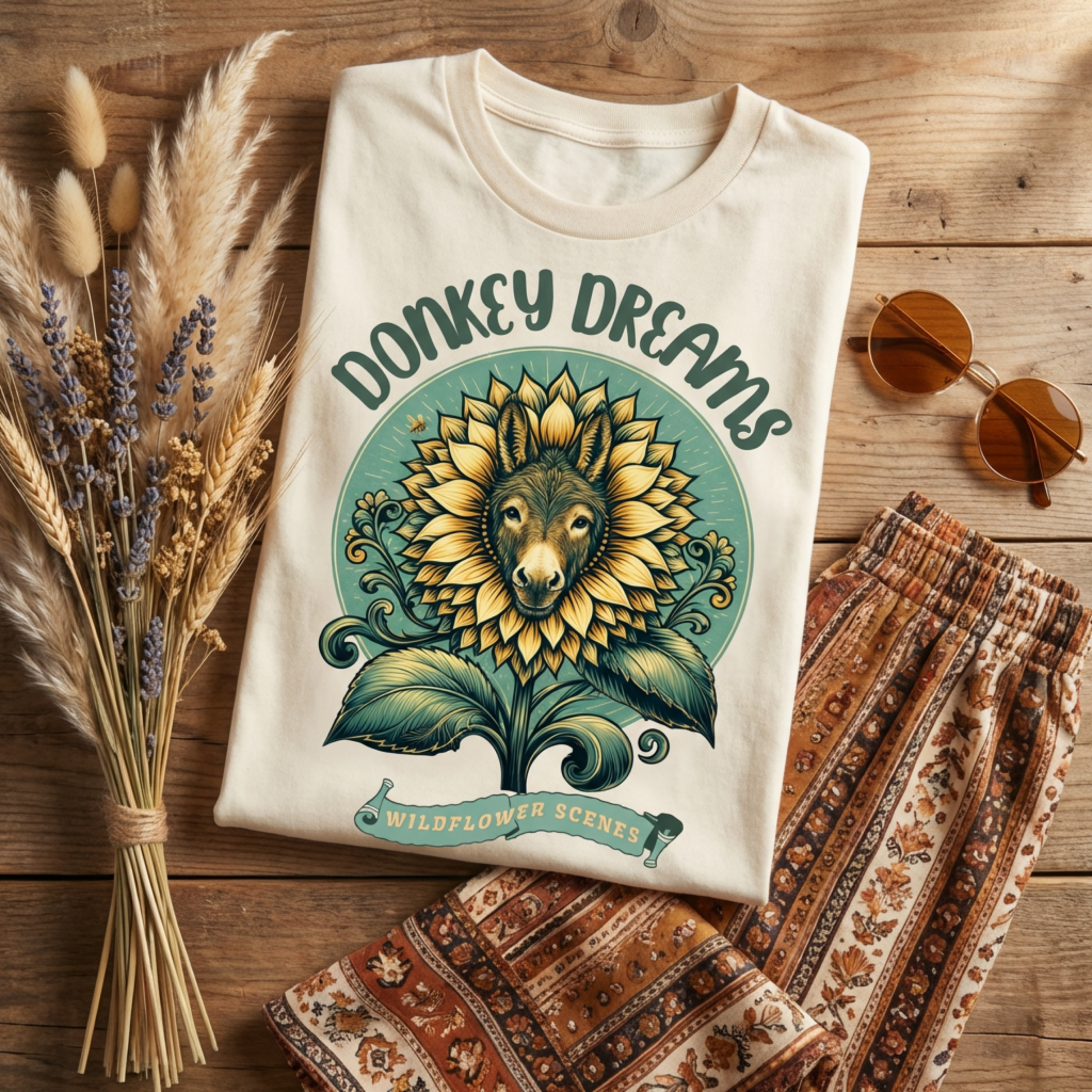 Donkey Dreams and Wildflower Scenes T-Shirt – Boldly Ewe Collection Farm Tee - Image 2