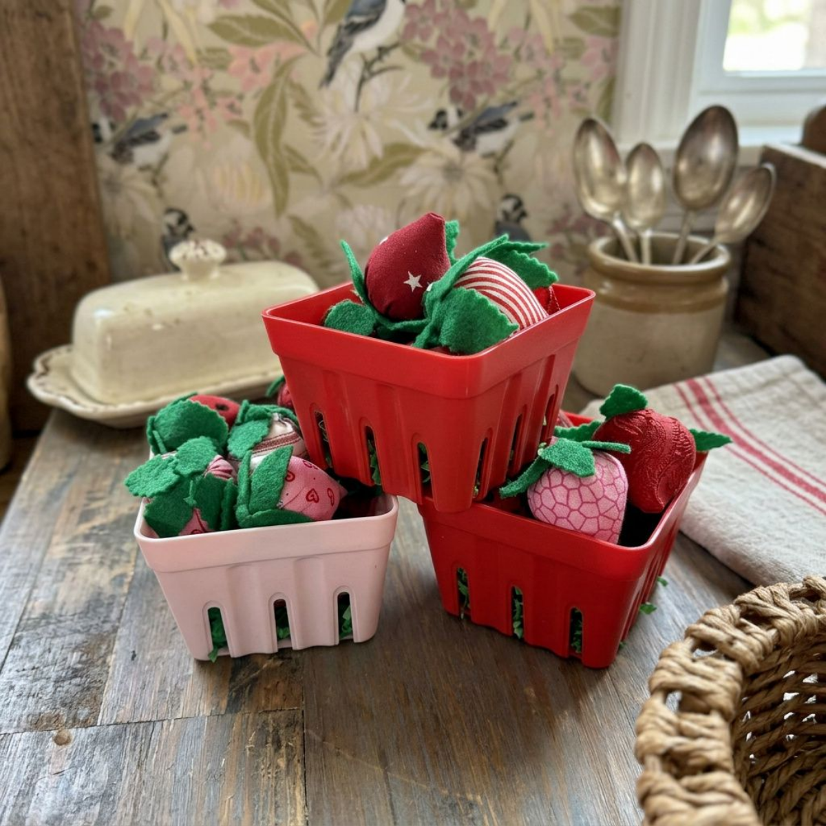 Handmade Fabric Strawberries in Berry Basket | Farmhouse Decor Set
