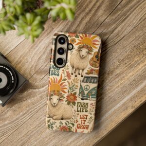 Bohemian Sheep VW Van Cell Phone Case featuring a sheep riding in a vintage VW van with boho farmhouse artwork