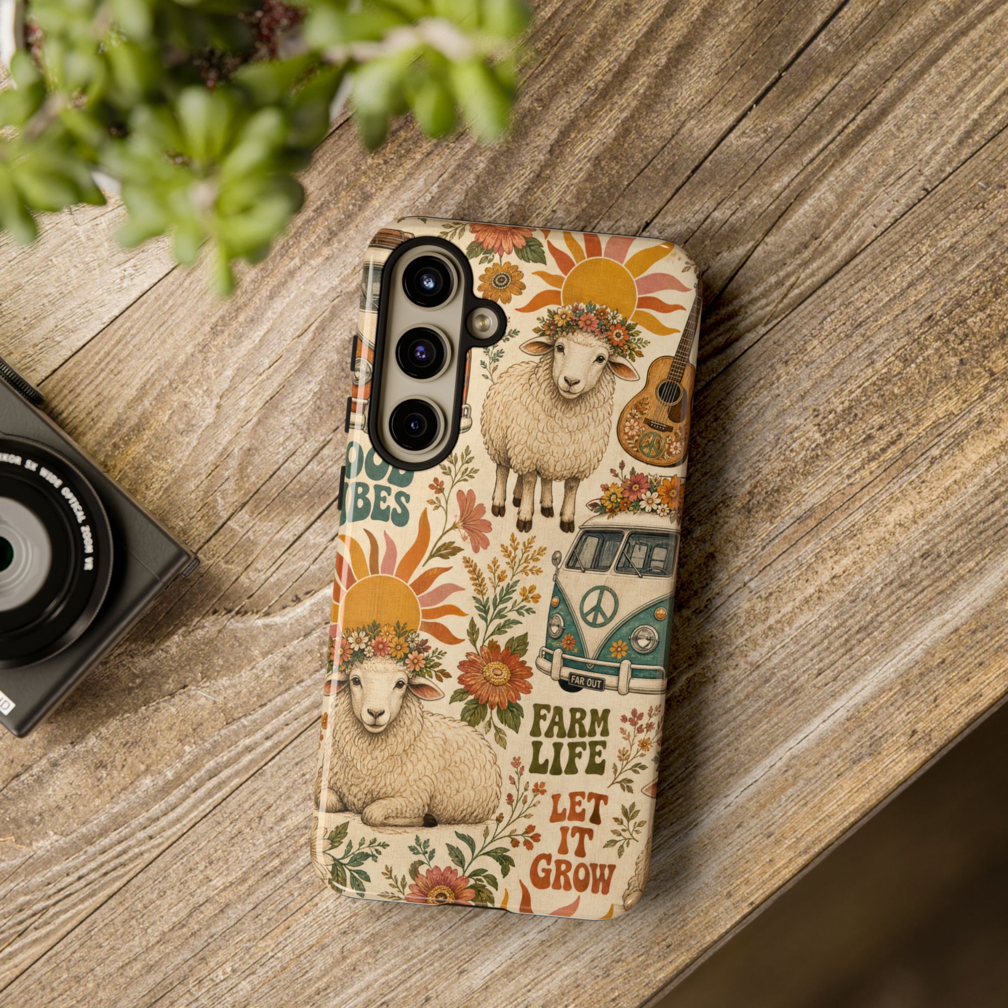 Bohemian Sheep VW Van Cell Phone Case featuring a sheep riding in a vintage VW van with boho farmhouse artwork