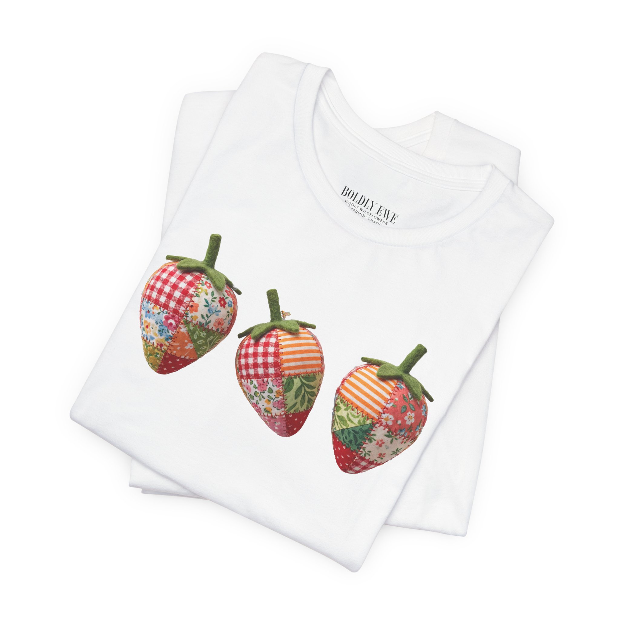 Cute Patchwork Strawberry T-Shirt | Sweet Summer Farm Tee - Image 2