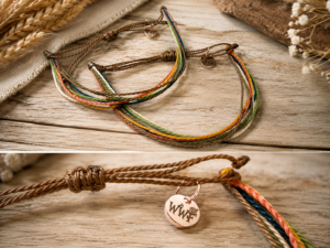 Wooly Wildflower friendship bracelets with waterproof wax-coated cord and rose gold charm in boho colors