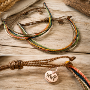Wooly Wildflower friendship bracelets with waterproof wax-coated cord and rose gold charm in boho colors