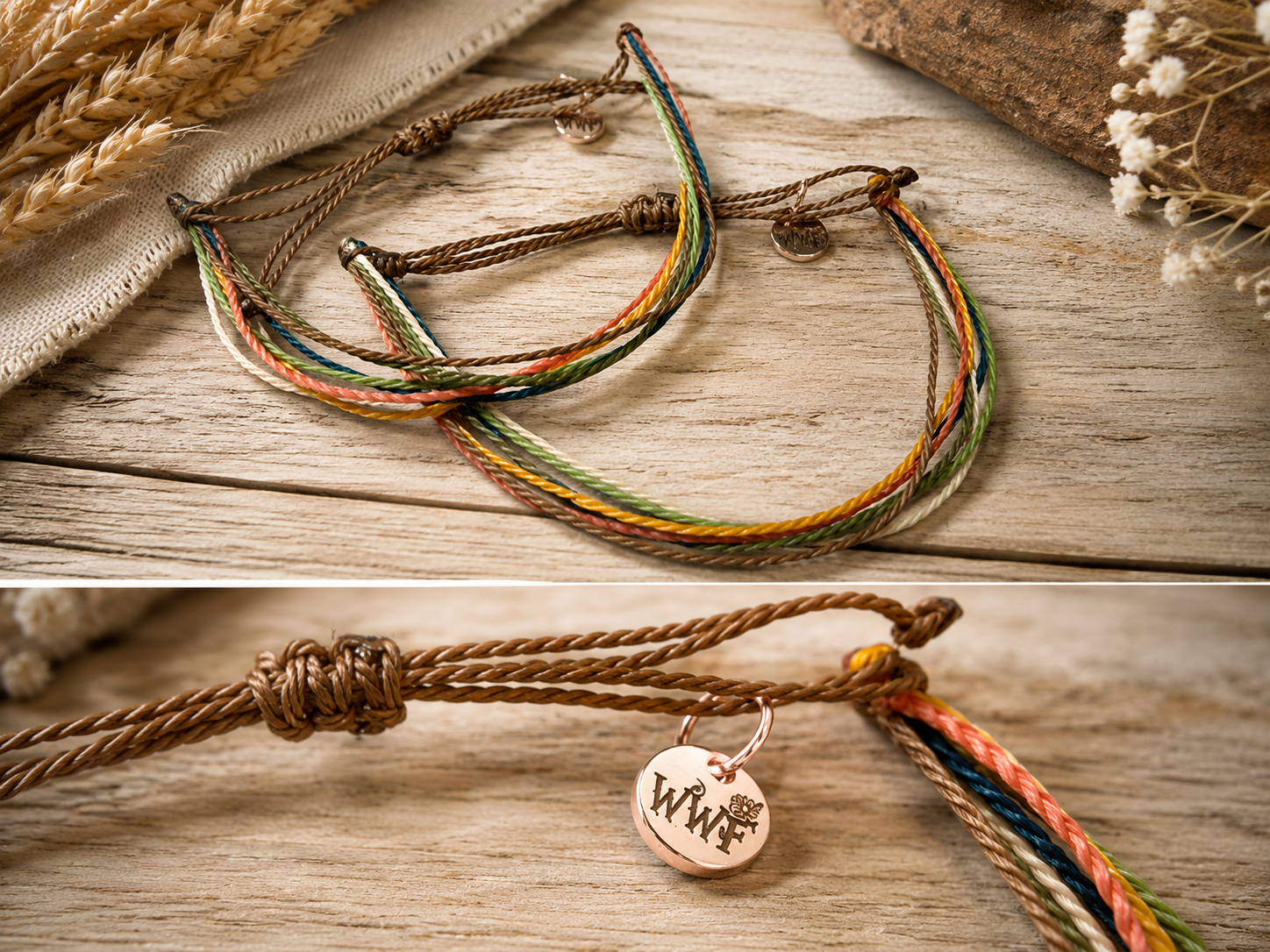 Wooly Wildflower friendship bracelets with waterproof wax-coated cord and rose gold charm in boho colors