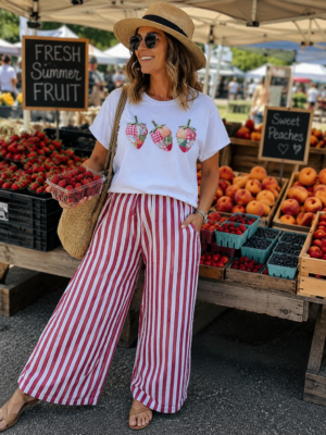 red and white striped wide leg pants with lightweight high waisted summer design