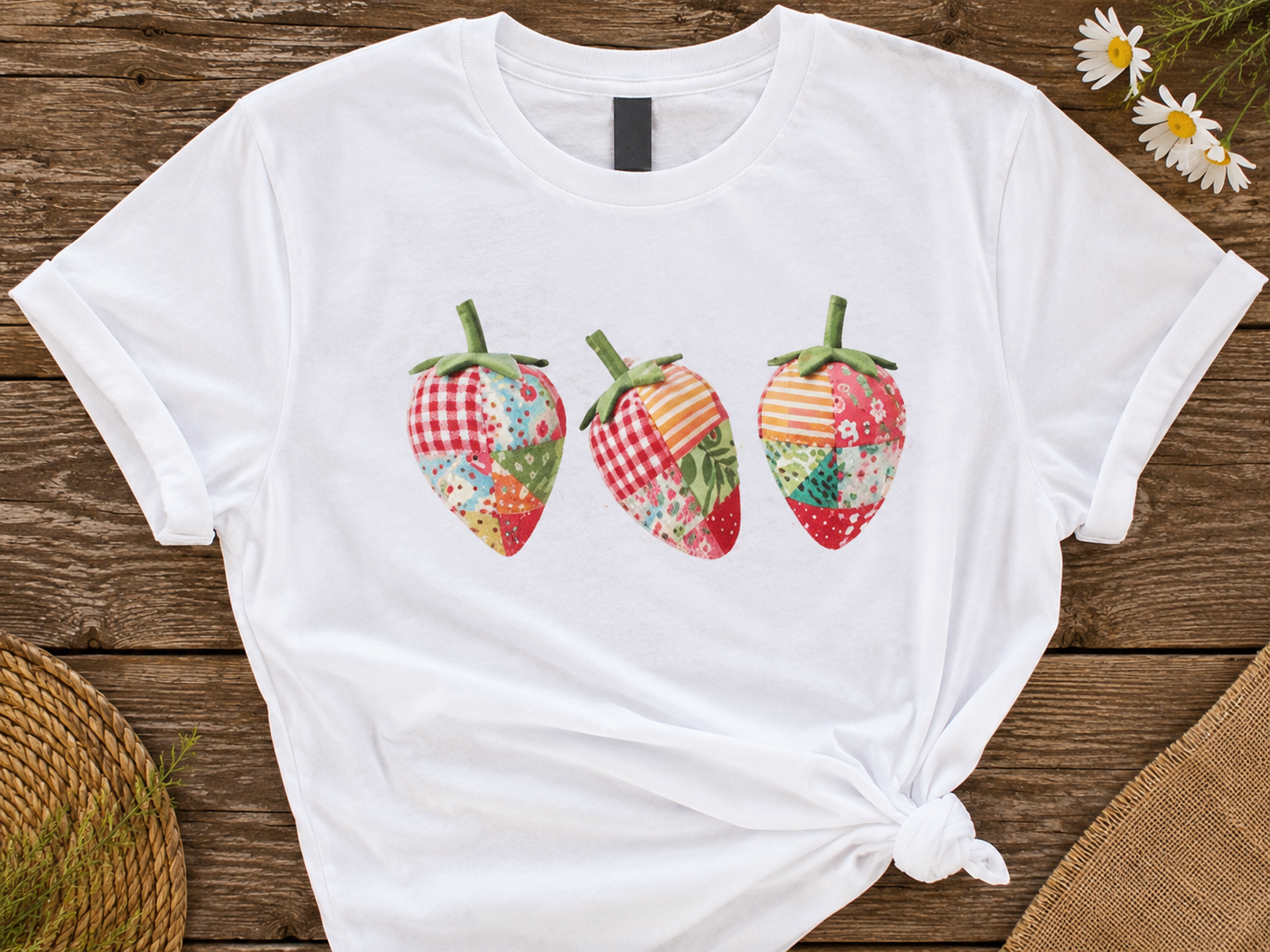 Cute Patchwork Strawberry T-Shirt | Sweet Summer Farm Tee