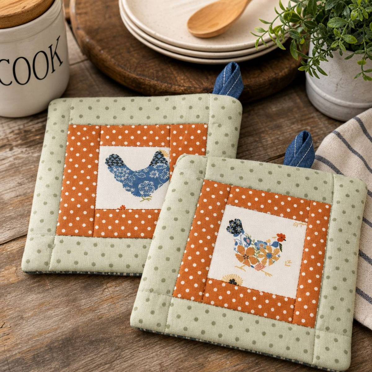handmade farmhouse potholders with country farm fabric designs and thick durable construction
