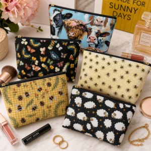 handmade zipper pouch with farmhouse fabric design for makeup travel and everyday organization