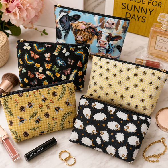 handmade zipper pouch with farmhouse fabric design for makeup travel and everyday organization