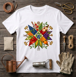 Boho Patchwork Garden Harvest T-Shirt – Fruit & Vegetable Graphic Tee for Women