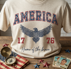 America 1776 eagle t shirt home of the brave design patriotic eagle graphic tee women American pride shirt with bald eagle artwork Fourth of July patriotic apparel for women
