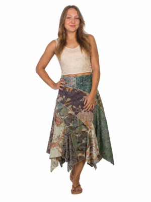 cotton patchwork pixie skirt with hand sewn boho fabric and flowing hemline