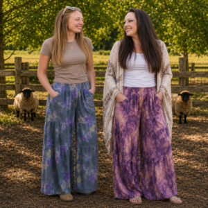 tiered tie-dye wide leg pants made from flowing rayon in colorful boho style