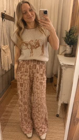 Horse Knit Sweater with printed horse graphic, contrast stitched trim, cap sleeves, and soft cotton blend knit