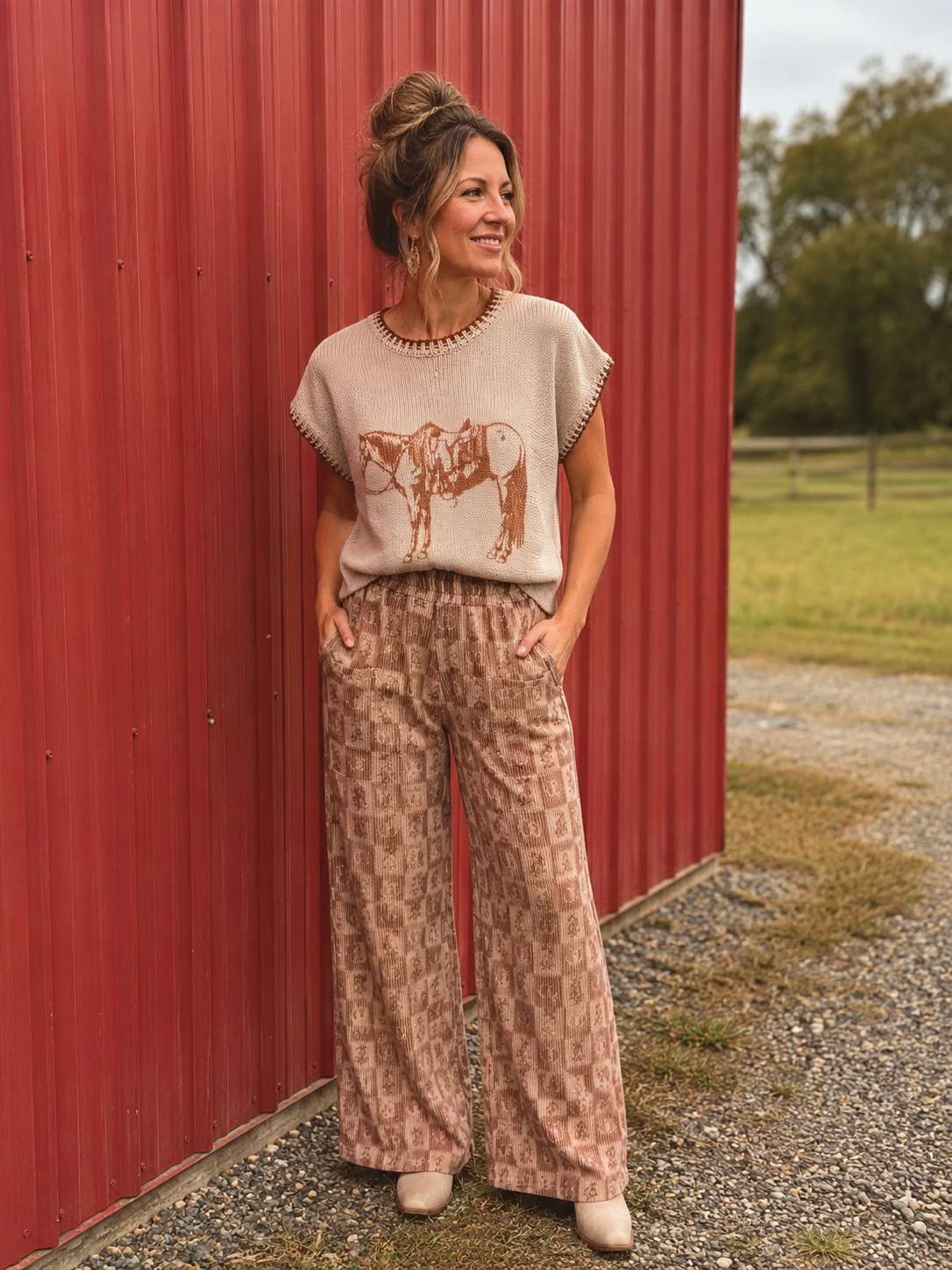 Cozy Cowpony Pants with brown western check print, elastic waistband, front and back pockets, and relaxed fit