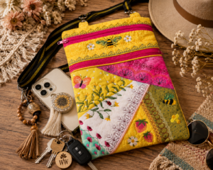 handmade quilted handbag with boho bee and wildflower pattern featuring two zipper pockets