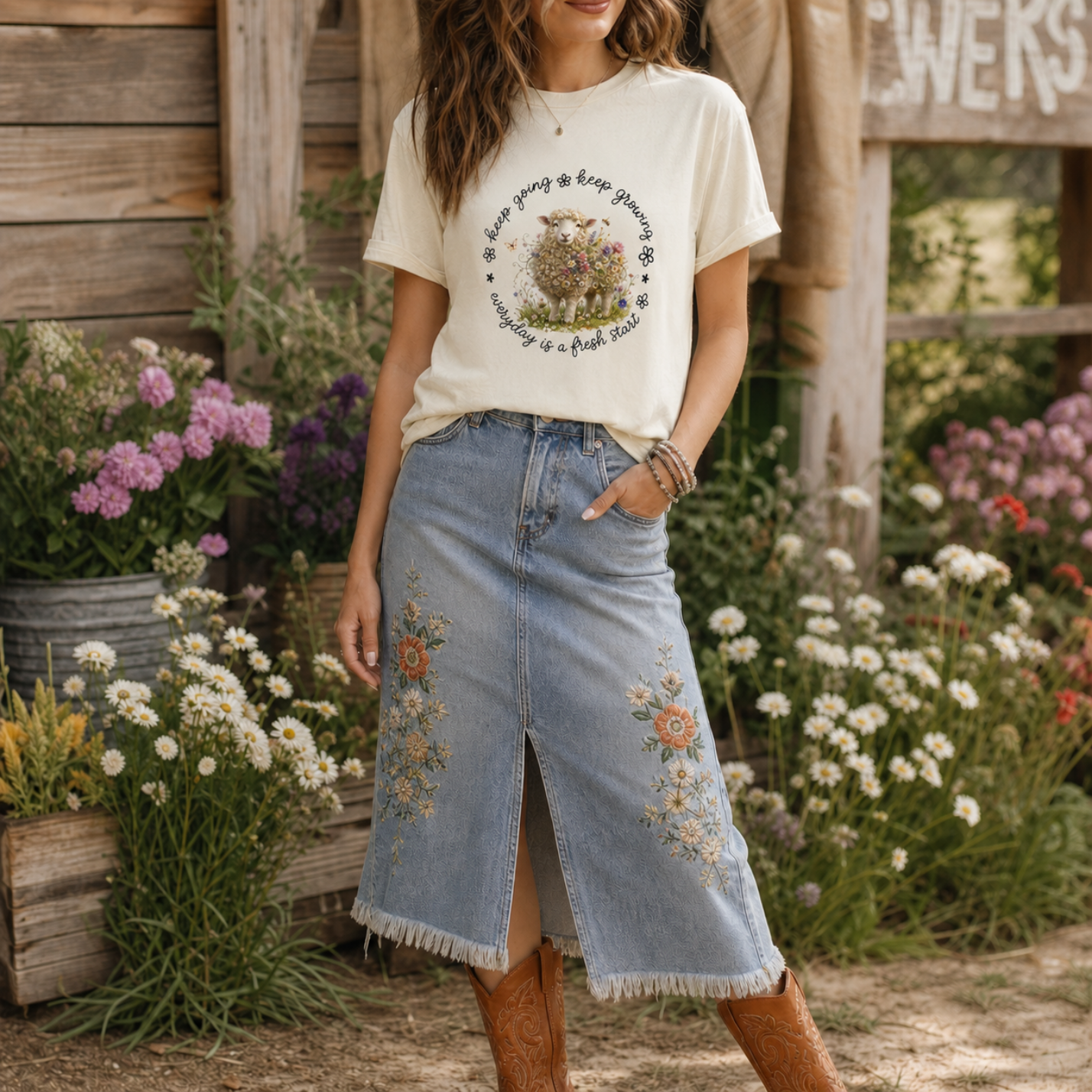 Sheep Floral Tee with inspirational floral sheep design Keep Going Keep Growing women's sheep shirt farmhouse floral sheep graphic tee inspirational farm apparel for women