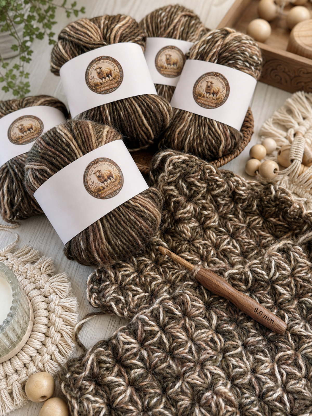 wool acrylic yarn bundle with camouflage inspired colors for crochet baby blankets