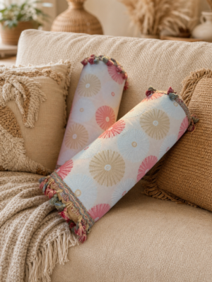 handmade boho bolster throw pillows in soft minimalist colors measuring 16 x 5.5 inches