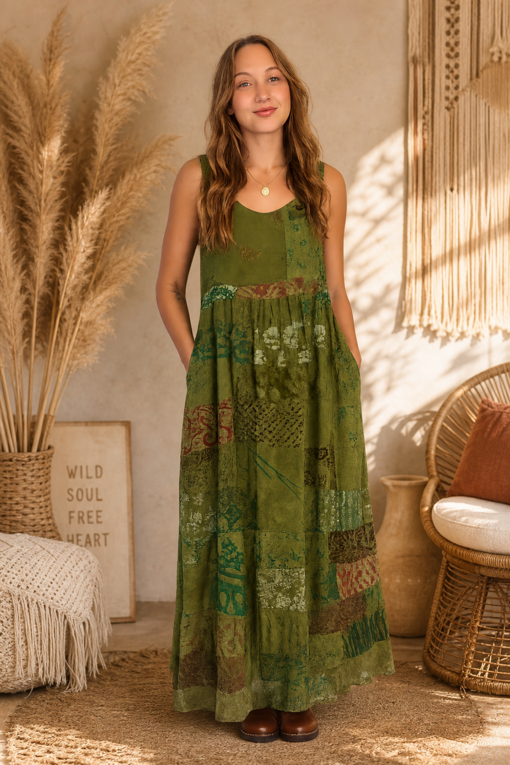 woman wearing a rayon patchwork dress with adjustable button straps and flowing boho maxi style