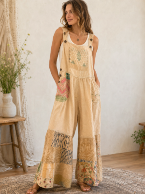 peace and love overalls with colorful cotton patchwork and adjustable straps