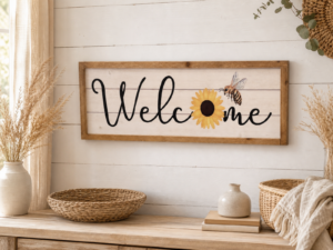 welcome bee sign with rustic wood frame sunflower and bee farmhouse entryway decor