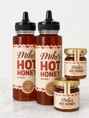 Mike's Hot Honey chili pepper infused honey available in 1.5 oz mini jar and 12 oz bottle