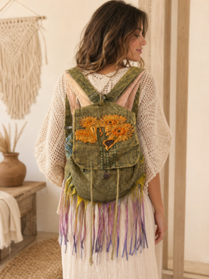 embroidered sunflower backpack made from heavy cotton with adjustable strap and multiple storage pockets