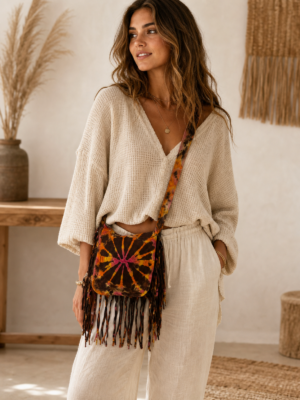sunburst tie-dye crossbody bag handcrafted from hand-dyed cotton canvas with boho fringe and adjustable shoulder strap