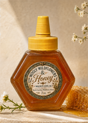 jar of North Carolina wildflower honey with rich floral flavor and hints of sourwood honey