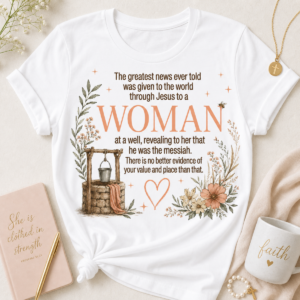 Christian Woman Tee with floral watercolor artwork featuring the woman at the well and inspirational Christian message