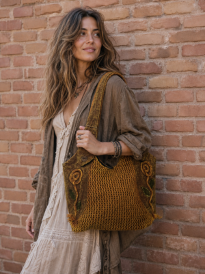 Lotus Crochet Hobo Bag handmade fair trade cotton shoulder purse with crocheted center panel and bohemian floral accents