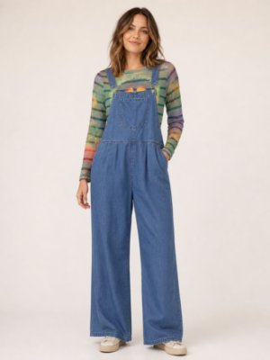 Women's Vintage Denim Overalls with wide leg fit and loose side flap pockets in soft cotton and nylon blend