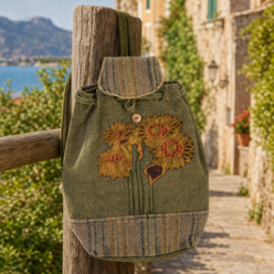 Fair Trade Cotton Drawstring Backpack handmade in Nepal with fuzzy embroidery, wooden button closure, and boho cotton design