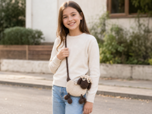 Crochet Sheep Crossbody Bag handmade cream and dark brown sheep phone purse with fluffy bobble stitch design