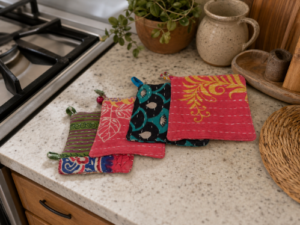 Vintage Kantha Handmade Pot Holder made from recycled cotton sari quilts with colorful patchwork and traditional Kantha stitching